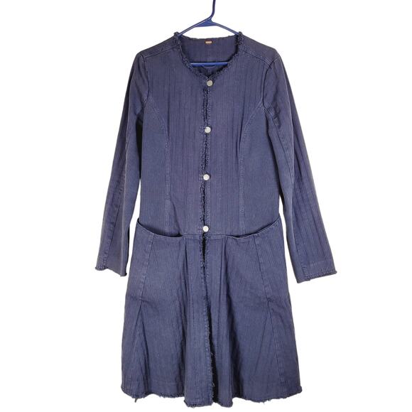 Free People blue denim flared raw hem ribbed duster jacket size M hippie grunge - Picture 2 of 10